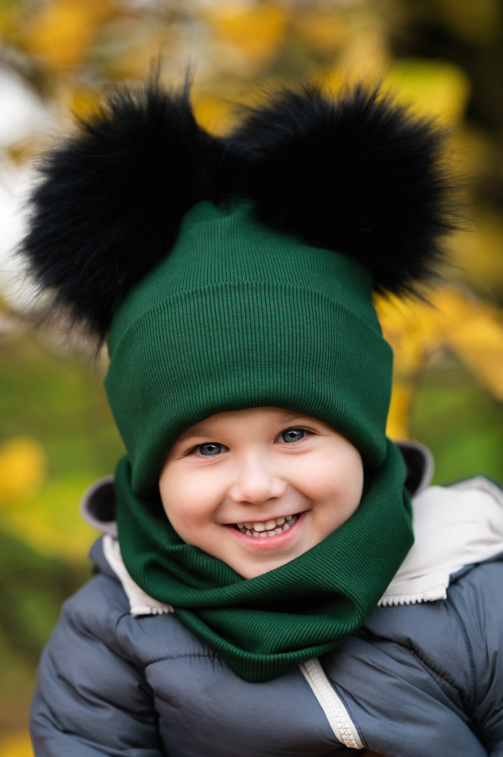 Handmade Hat and Scarf with Double Black Faux Fur Pom Pom