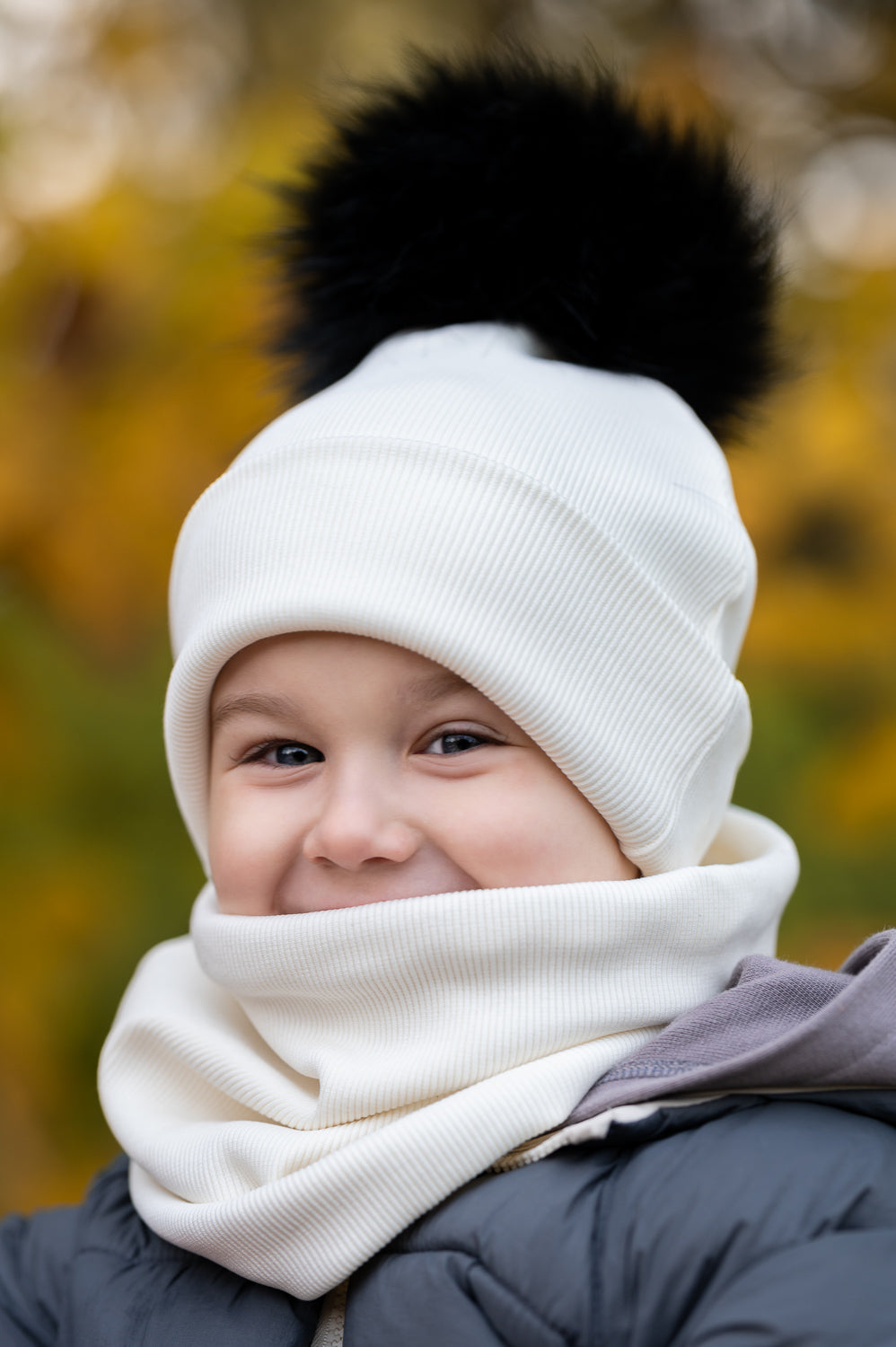 Handmade Hat and Scarf with Single Black Faux Fur Pom Pom