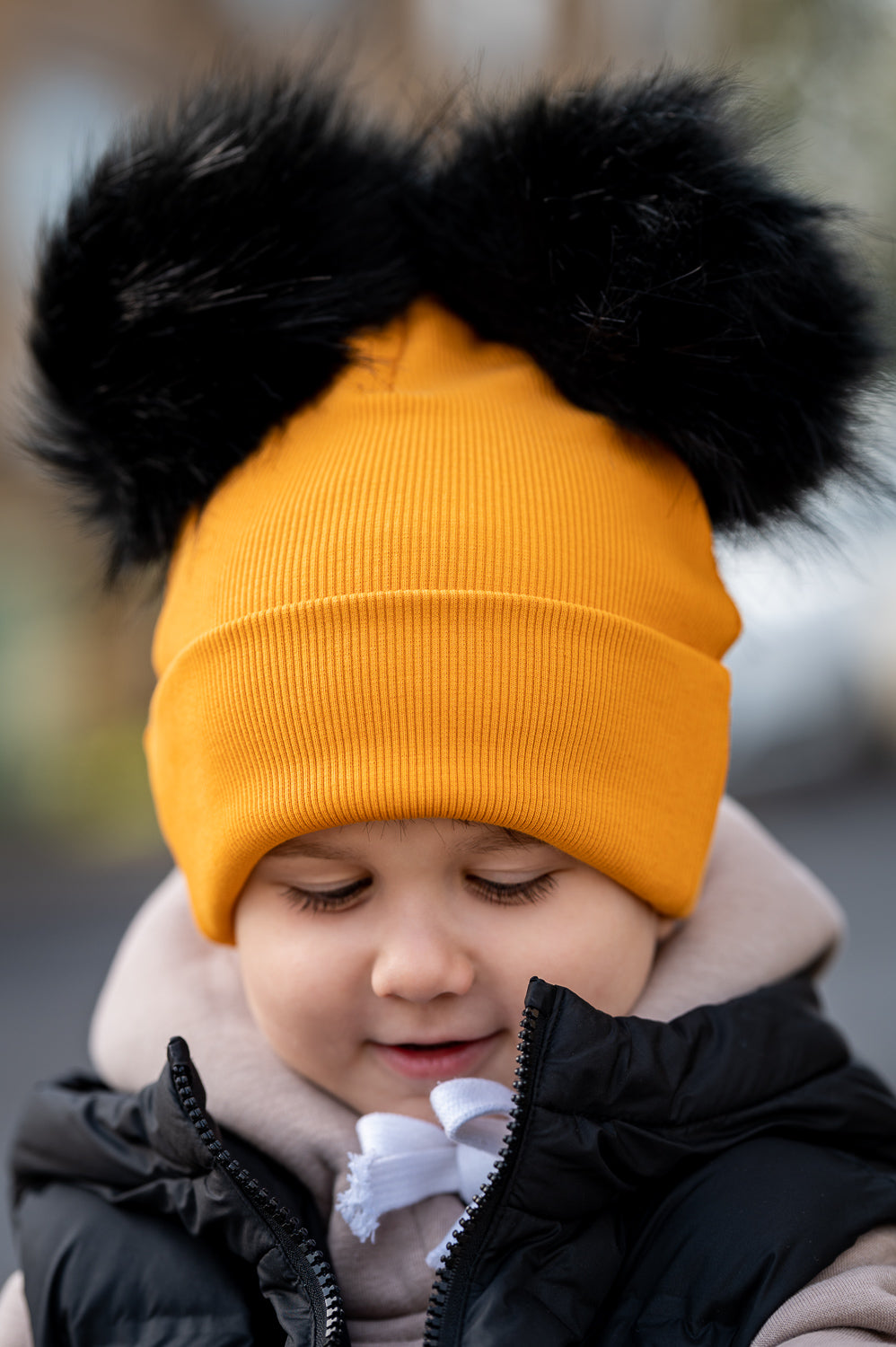 Handmade Hat with Double Black Faux Fur Pom Pom