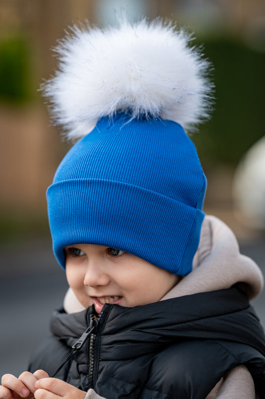 Handmade Hat with Single White Faux Fur Pom Pom